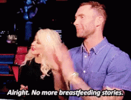A Man And A Woman Are Clapping While The Man Says " Alright No More Breastfeeding Stories " GIF