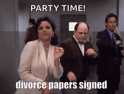 A Man And A Woman Are Dancing In A Hallway With The Words Party Time Divorce Papers Signed On The Bottom GIF