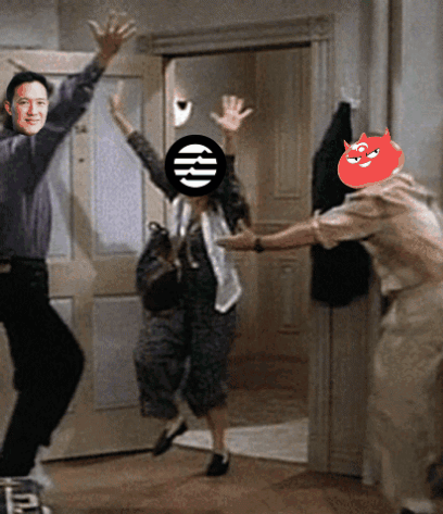 A Man And A Woman Are Dancing In A Room With A Devil On Their Head GIF