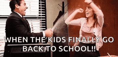 A Man And A Woman Are Dancing In A Room With The Words `` When The Kids Finally Go Back To School '' . GIF