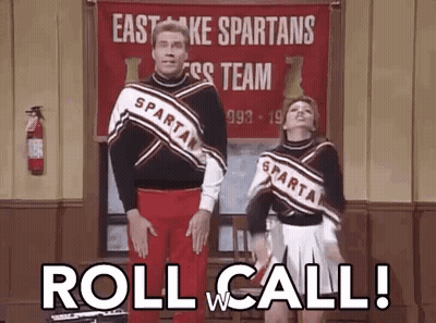 A Man And A Woman Are Dancing In Front Of A Banner That Says `` Roll Call '' . GIF