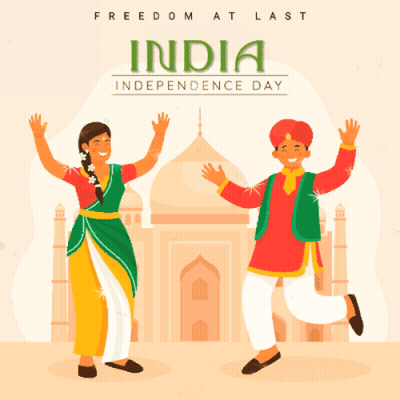 A Man And A Woman Are Dancing In Front Of A Building That Says India Independence Day GIF
