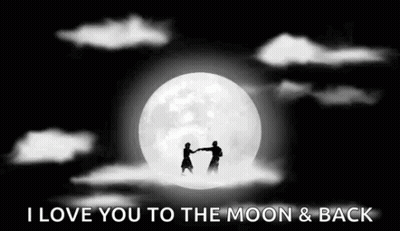 A Man And A Woman Are Dancing In Front Of A Full Moon In A Black And White Photo . GIF