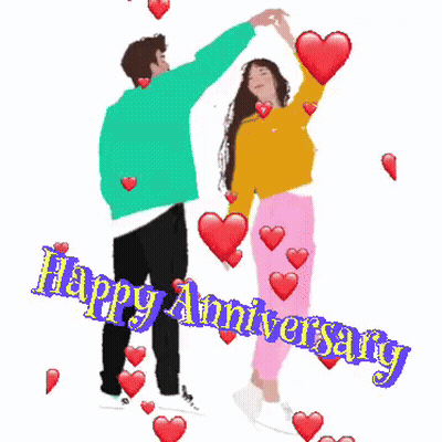 A Man And A Woman Are Dancing In Front Of Hearts And The Words Happy Anniversary GIF