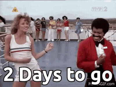 A Man And A Woman Are Dancing On A Boat With The Words " 2 Days To Go " Above Them GIF