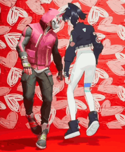 A Man And A Woman Are Dancing Together In Front Of A Red Background With Hearts . GIF