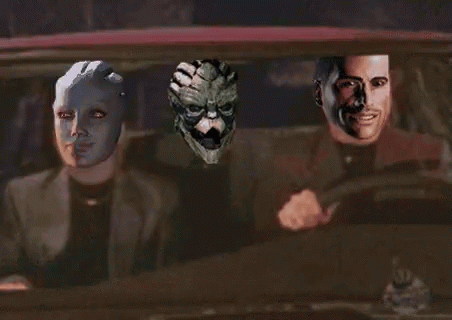 A Man And A Woman Are Driving A Car With Their Faces On The Window . GIF