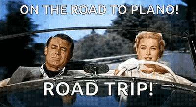 A Man And A Woman Are Driving In A Car With The Words On The Road To Plano Road Trip GIF