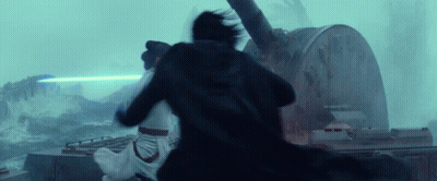 A Man And A Woman Are Fighting Each Other In Front Of A Large Clock . GIF