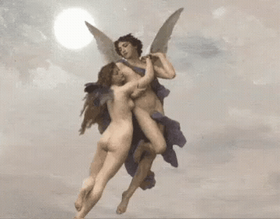 A Man And A Woman Are Flying In The Sky . GIF