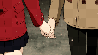 A Man And A Woman Are Holding Hands In A Snowy Scene GIF