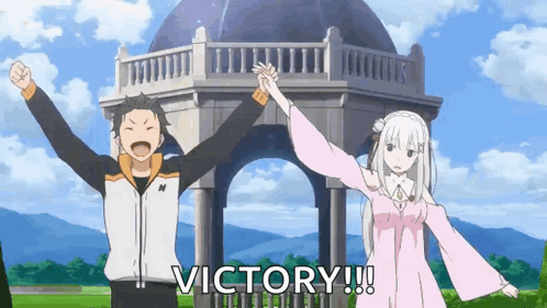 A Man And A Woman Are Holding Hands In Front Of A Building And The Word Victory Is Visible GIF