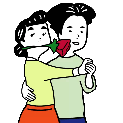 A Man And A Woman Are Hugging Each Other With A Rose In Their Mouth . Sticker