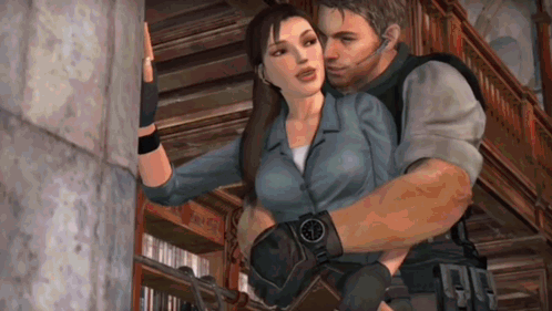 A Man And A Woman Are Hugging In A Library GIF