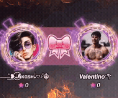 A Man And A Woman Are In Purple Circles With The Name Takashi And Valentino GIF