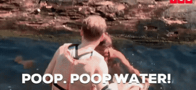 A Man And A Woman Are In The Water And The Words Poop Poop Water Are Visible GIF