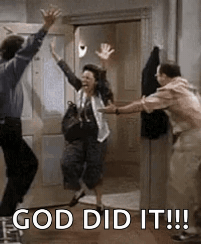 A Man And A Woman Are Jumping In The Air In A Doorway With The Words God Did It ! GIF