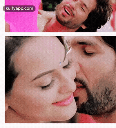 A Man And A Woman Are Kissing Each Other On The Cheek . GIF