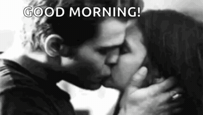 A Man And A Woman Are Kissing In A Black And White Photo With The Words `` Good Morning ! '' GIF