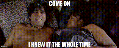 A Man And A Woman Are Laying On A Bed With The Words Come On I Knew It The Whole Time Above Them GIF