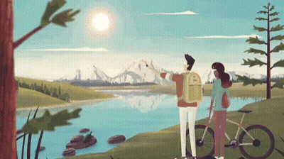A Man And A Woman Are Looking At A Lake With A Mountain In The Background GIF