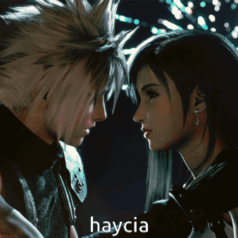A Man And A Woman Are Looking At Each Other And The Word Haycia Is On The Bottom Of The Image GIF
