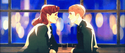 A Man And A Woman Are Looking At Each Other While Sitting At A Table GIF