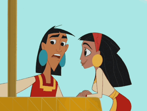A Man And A Woman Are Looking At Each Other With A Blue Sky In The Background GIF