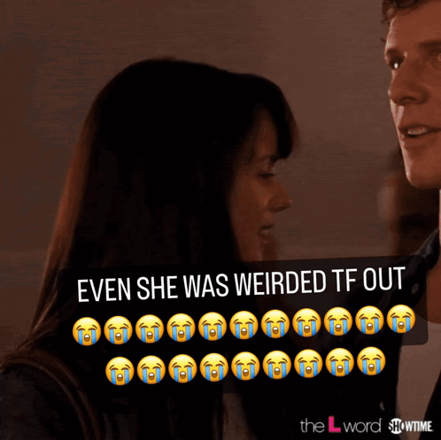 A Man And A Woman Are Looking At Each Other With A Caption That Says " Even She Was Weirded Tf Out " GIF