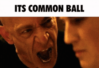 A Man And A Woman Are Looking At Each Other With The Words " Its Common Ball " Written Above Them GIF
