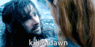 A Man And A Woman Are Looking At Each Other With The Words " Kilt & Dawn " On The Bottom GIF
