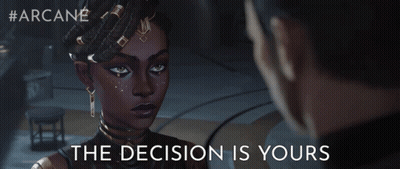 A Man And A Woman Are Looking At Each Other With The Words " The Decision Is Yours " Above Them GIF