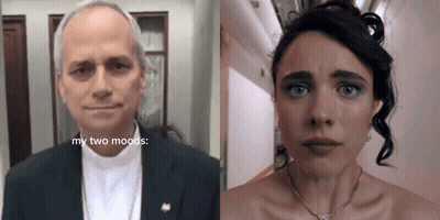 A Man And A Woman Are Next To Each Other And The Man Is Saying " My Two Moods " GIF
