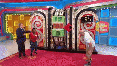 A Man And A Woman Are On A Game Show With A Scoreboard That Says 80 15 90 25 And 95 GIF