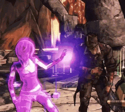A Man And A Woman Are Playing A Video Game And The Woman Is Glowing In Purple GIF