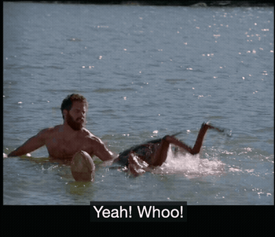 A Man And A Woman Are Playing In The Water With The Caption Yeah Whoo GIF