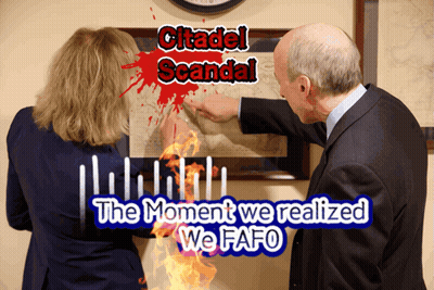 A Man And A Woman Are Pointing At A Picture That Says Citadel Scandal GIF