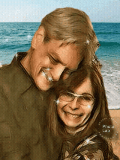 A Man And A Woman Are Posing For A Picture On The Beach With The Photo Lab Logo In The Corner GIF