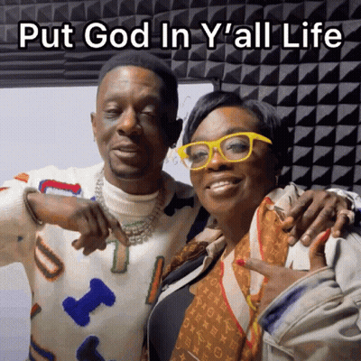 A Man And A Woman Are Posing For A Picture With The Caption Put God In Y'all Life GIF