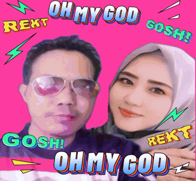A Man And A Woman Are Posing For A Picture With The Words Oh My God Gosh And Rekt Surrounding Them GIF
