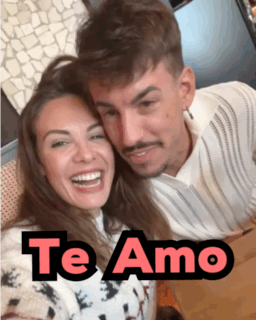 A Man And A Woman Are Posing For A Picture With The Words Te Amo On The Bottom Right GIF