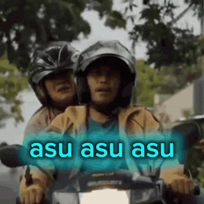 A Man And A Woman Are Riding A Motorcycle And The Words Asu Asu Asu Are Displayed On The Screen GIF