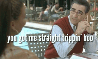 A Man And A Woman Are Sitting At A Table And The Man Is Saying You Got Me Straight Trippin ' Boo GIF