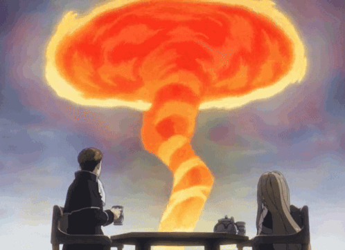 A Man And A Woman Are Sitting At A Table Watching A Tornado GIF
