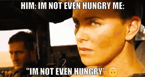 A Man And A Woman Are Sitting In A Car With A Caption That Says " Him : Im Not Even Hungry Me " GIF