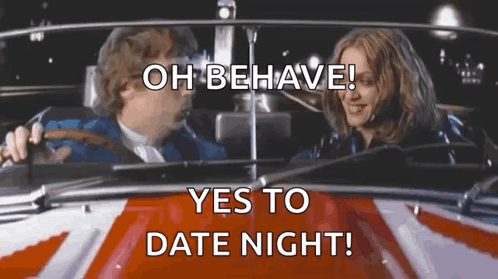 A Man And A Woman Are Sitting In A Car With The Words `` Oh Behave Yes To Date Night '' Written On The Screen . GIF