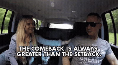 A Man And A Woman Are Sitting In A Car With The Words The Comeback Is Always Greater Than The Setback GIF