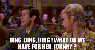 A Man And A Woman Are Sitting In A Courtroom And The Woman Is Asking The Man What Do We Have For Her Johnny GIF