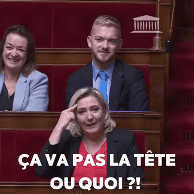 A Man And A Woman Are Sitting In A Row With The Words Ca Va Pas La Tete Ou Quoi Written Above Them GIF