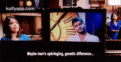 A Man And A Woman Are Sitting In Front Of A Clock And Maybe Men 'S Upbringing Genetic Difference GIF